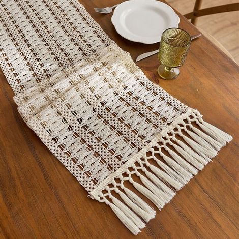 Blanc cassé 30x160cm Chemin de table en coton et lin à blocs de couleur, orné de pompons ajourés noués, longue nappe décorative pour meuble TV de salon, table basse, set de table. (1/5)
