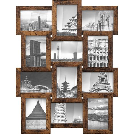 Cadre Photo Multiple, Pêle-mêle Mural 12 Images, Photo Format 10 x 15 cm, Décoration Murale, Exposition Suspendue ou sur Table, Montage Nécessaire, Marron Rustique RPF026X01 (1/5)