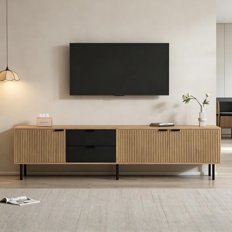 Meuble TV 208 cm, Banc télé pour écran 85 pouces, 2 tiroirs et 3 portes, Gestion des câbles, Style moderne, Noir et bois (1/5)