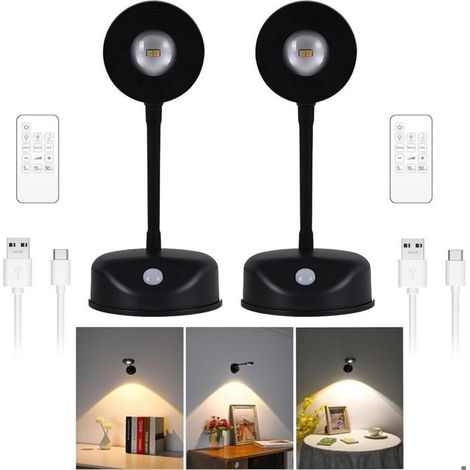 Éclairage LED Détecteur de Mouvement, 2200 mAh, Rechargeable, 3 Couleurs, Rotation 360°, Télécommande, Lot de 2 (Noir) (1/4)