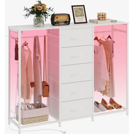 Commode à 5 tiroirs avec porte-vêtements - Commode avec tringle à vêtements - Lumières LED - Penderie - Tiroirs - Station de charge - Étagère flexible - Étagères ouvertes pour salon (1/5)