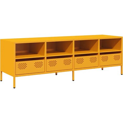 Meuble TV industriel jaune moutarde 135 x 39 x 43 cm avec rangement moderne en acier laminé à froid