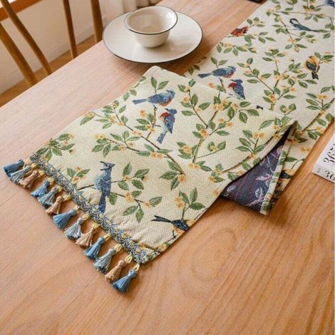 Runner da tavola con nappe sfumate blu e marroni, fiori e uccelli, 30 x 120 cm - Adatto per pranzi e cene primaverili (1/4)