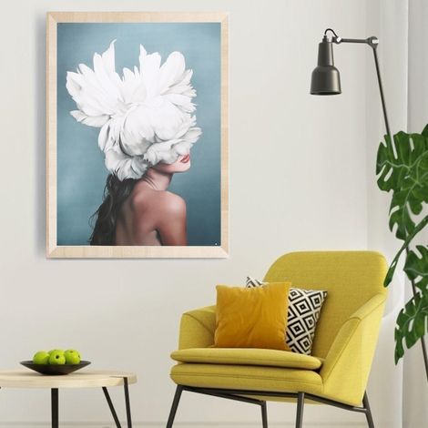 Tableau sur toile de style moderne représentant une plume et une jeune fille (40 x 60 cm), décoration murale pour salon. (1/5)
