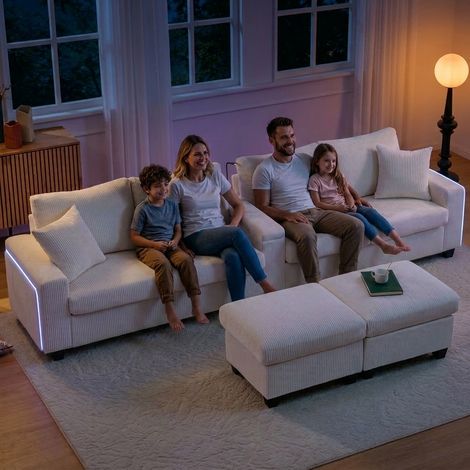 U-förmiges Cord-Sofa mit 2 Hockern, Leselampe, Klappablage, Getränkehalter & USB/Type-C,  Beidseitige Armlehnen mit dekorativer LED-Beleuchtung, Beige, Maße: 334x128.5x81 cm[9906]