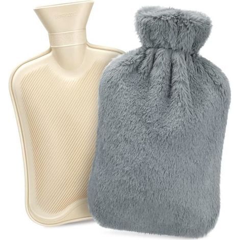Bouillotte d'eau Chaude 2L avec Housse en Peluche Souple , Bouillotte en Caoutchouc Naturel Anti-fuite Bouteille d'eau Chaude Gris (1/4)