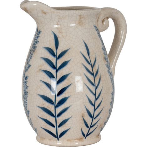 Large Blue Flora Olpe Jug Vase - Ceramic - L18 x W20 x H28 cm - White