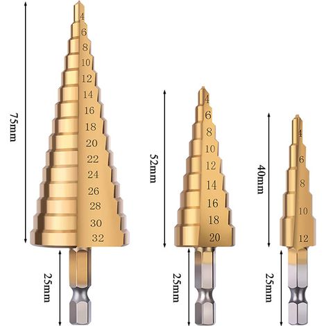 3 forets étagés hexagonaux – Mèche en escalier pour tôle mince – Perçage sans bavure sur acier et aluminium