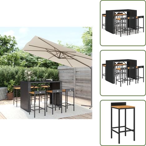 Ensemble de bar jardin 7 pcs noir poly rotin/bois massif acacia - Ensemble Salon De Jardin - Mobilier De Jardin - Table De Bar - Chaises De Bar - Set De Bar Extérieur (1/5)