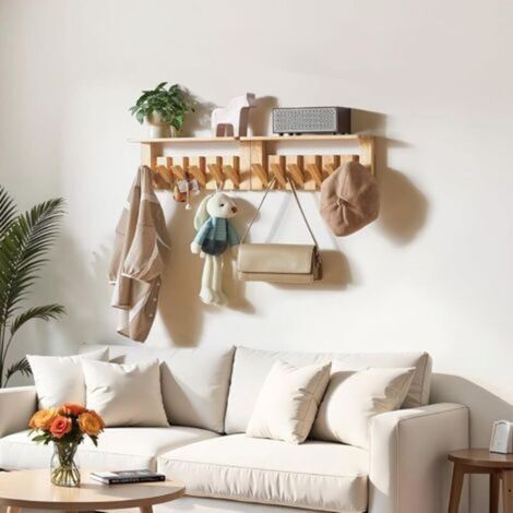 Porte Manteau Mural Bois, Lot de 2 Patere Murale de Crochets Rétractables pour Salle de Bain, Entrée, Chambre, Bois Naturel (1/5)