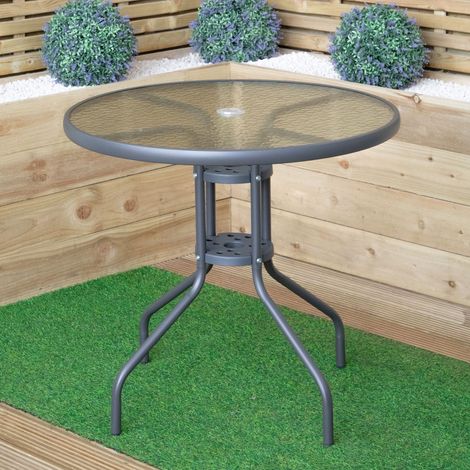 4 Person Outdoor Round Garden Table with Glass Top in Grey (1/5)