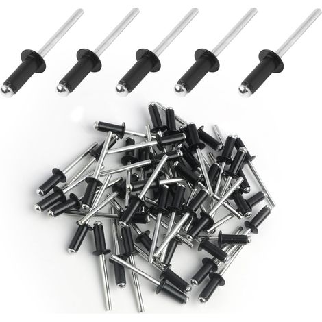 50 Pièces Rivets Aveugles en Aluminium Noir à Large Bride, Rivets Pop à Extrémité Ouverte, Rivets Pop en Aluminium à Tête Large, pour Constructions, Boîte de Rangement, Meubles (Noir, 4.8mm x 12mm) (1/5)