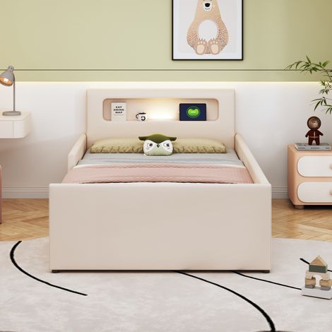 Lit rembourré enfant 90×200 cm similicuir beige,veilleuse USB,rangements,panneaux latéraux sécurisés,lit simple pour /