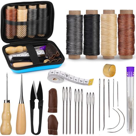 Kit de costura para cuero – Herramientas resistentes – Con punzón, agujas e hilo encerado – Para la reparación de asientos de coche, sofás, alfombras, zapatos y tapicería. (1/5)