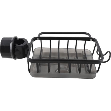 Organizador multifuncional para grifo de cocina, inoxidable, con soporte para esponja, cepillo para platos y bandeja recogegotas, color negro.