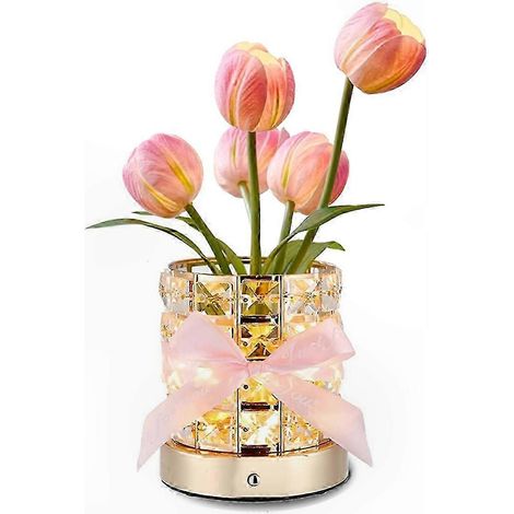 Luminaire LED Tulipes sans fil, rechargeable USB, socle en cristal, intensité variable, veilleuse décorative pour chambre, 1 pièce, design moderne. (1/5)