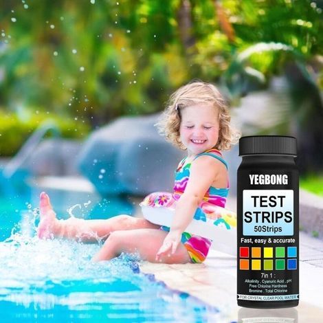 Kit de Test de qualité de l'eau 7 en 1 Bandelettes de Test pour Piscine et Spa - 50 Bandelettes pH, Alcalinité Totale, Dureté Totale, Chlore, Brome, Stabilisateur (1/4)