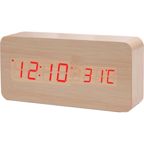 Réveil Numérique En Bois - Affichage Digital Rouge - Alerte Sonore - Alimentation Batteries AAA ou USB - Pour Adulte - 1 Pièce (1/5)