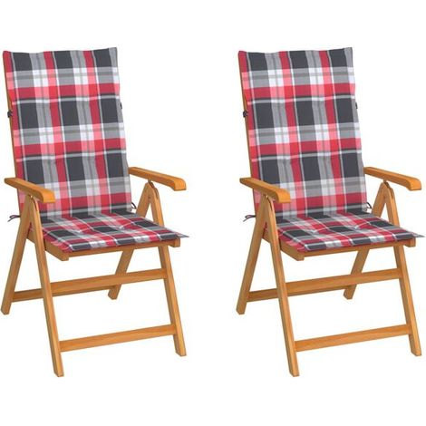 Chaise Pliante en Bois de Teck Massif avec 2 Coussins d'Assise à Carreaux Rouges (1/5)
