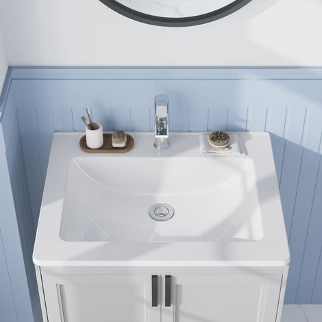 Vasque semi-encastrée en céramique blanche 54 x 45 x 17 cm, lavabo contemporain carré/ovale avec trop-plein, perçage robinetterie 1 ou 3 trous, pour petite salle de bain (1/5)