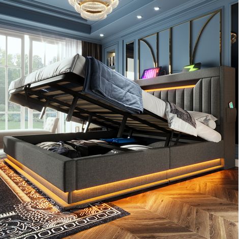 Lit coffre 160x200 cm en lin gris avec USB et LED, pour chambre, sans matelas – MEUBLIV (1/5)
