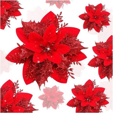 Poinsettia Christmas Flowers, 10 red glitter pieces for wedding, New Year's party, and holiday decor (14 cm)