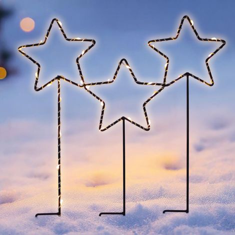 LED Gartenstecker Metall 3 Sterne mit Timer batteriebetrieben für Außen - 46 x 40 cm - Weihnachten Garten Deko Beleuchtung mit Erdspieß