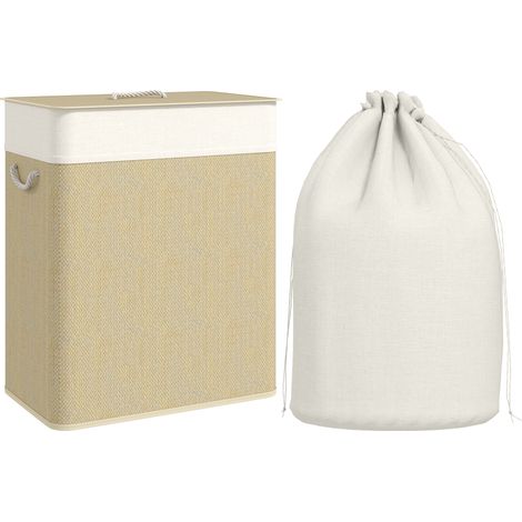 Double Laundry Basket with Lid, 100L Bamboo Laundry Hamper with Rope Handles, Washing Basket with Removable Liner for Bathroom, Bedroom, Cream White