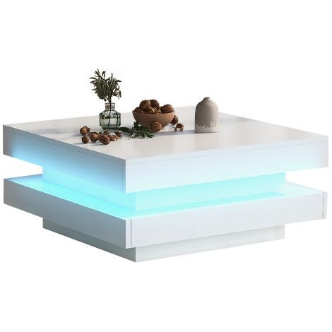 Table basse 70x70x36cm blanc, plateau 360° rotatif éclairage LED (1/5)