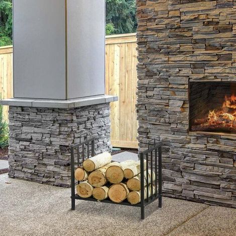 Range bûches Porte-bûches Etagère porte bois de cheminée charge max. 15 Kg dim. 44L x 33l x 46H cm métal époxy noirRangement bois de chauffage