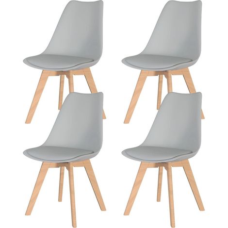Set of 4 Dining Chairs Modern Plastic Chairs Faux Leather Cushioned Pad Seat Wooden Legs Max.120kg Living Room Kitchen Office Lounge Grey