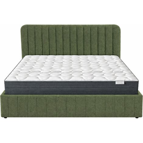 Ensemble Lit coffre adulte 160x200cm avec tête de lit en tissu bouclé vert - Ava + Matelas mémoire de forme - Memo HR (1/5)