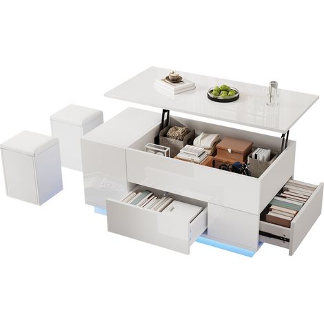 Table Basse Relevable 100×50×45 cm avec 2 Tiroirs et 2 Poufs, LED Contrôlable par Application, Brillant, en Panneaux, Blanc (1/5)