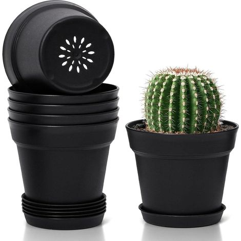 T4U 12,5cm Plastik Blumentopf Set Schwarz mit Untersetzer, 6er-Set Sukkulenten (1/5)