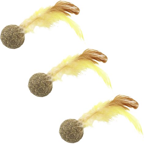 Lot de 3 balles à l'herbe à chat avec plumes, jouet masticatoire pour chatons et chats adultes (1/5)