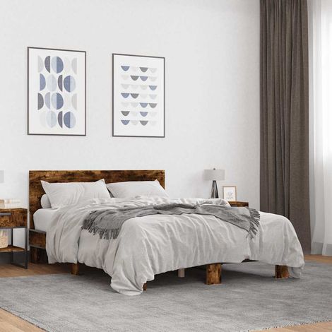 vidaXL Estructura cama madera ingeniería metal roble ahumado 135x190cm (1/5)
