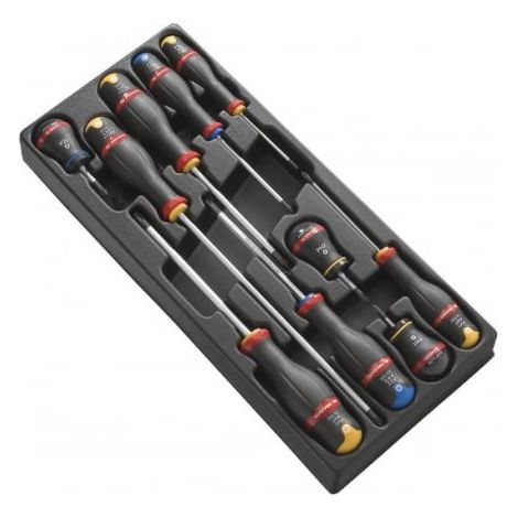 Facom – Jeu de tournevis plat Phillips 10 pièces – Tête fendue pour vis à tête fraisée – Pour bois dur et teck – Vissage rapide en série