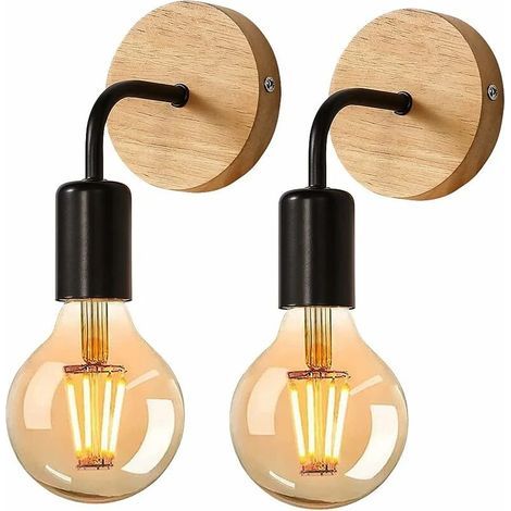 [NEVER USED] Vintage Indoor Wall Light 2 Pieces, Industrial Wood Wall Lamp, E27 Retro Metal Wall Spotlight for Bedroom, Living Room, Stairs, Hallway, Dining Room, Black