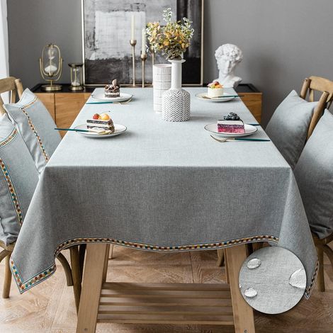 Nappe coton lin style pas de plis imperméable nappe cuisine table à manger housse (gris 135x180cm) (1/5)