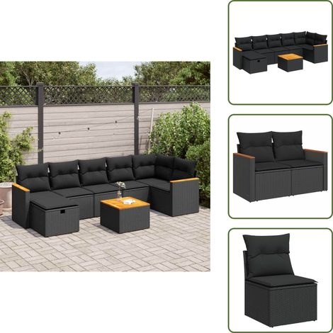 Ratán sintético - vidaXL Set de sofás de jardín y cojines 8 piezas ratán sintético negro - Cojines lavables