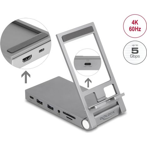 Dockingstation 4K para tablet y portatiles con soporte - HDMI / USB / Hub / SD / Micro SD / PD 3.0 - plegable DELOCK