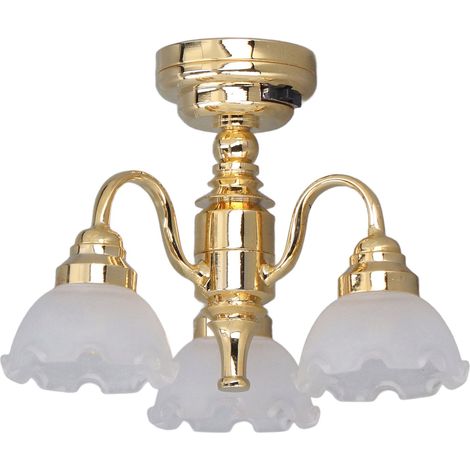 Lustre miniature 3 bras en métal et verre pour maison de poupée, éclairage sur batterie, décoration échelle 1:12 (1/5)