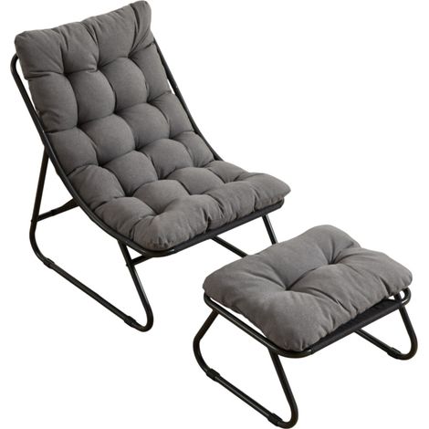 Fauteuil de salon d'extérieur avec ottomane, cadre noir et coussin gris (1/5)