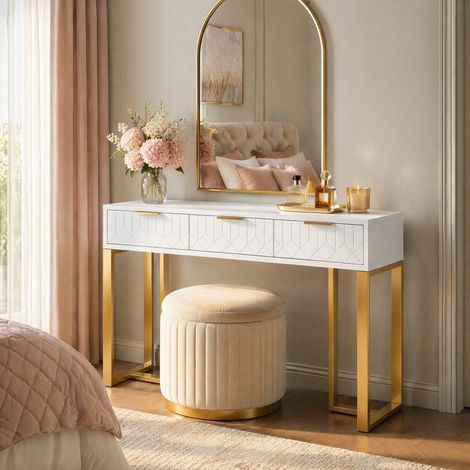 MODFU – Console moderne MDF/métal blanc/doré – Tiroirs et pieds réglables – Salon ou entrée – Blanc/doré (1/5)
