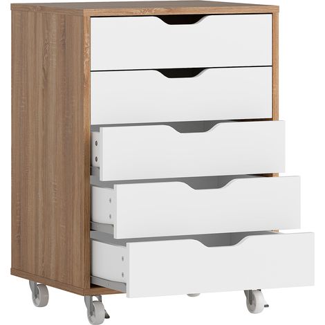 Caisson bureau mobile, meuble rangement bureau sur roulettes, 5 tiroirs, 47,5 x 39,5 x 67,5 cm, blanc et chêne (1/5)