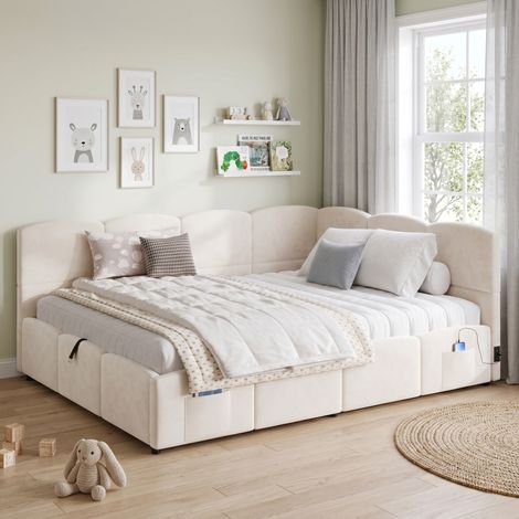 Lit banquette moderne velours beige 140x200 cm avec coffre hydraulique, ports USB-A/USB-C et sommier à lattes (1/5)
