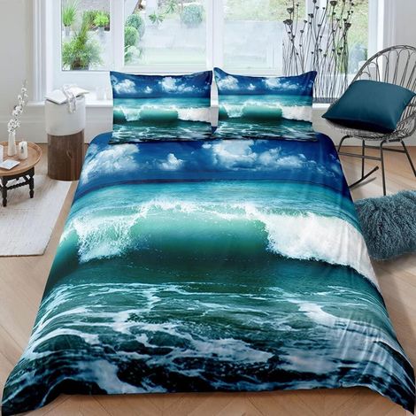 Bettwäsche-Set 200x200 cm 3-teilig mit 3D Ozean Motiv, Mikrofaser, Reißverschluss