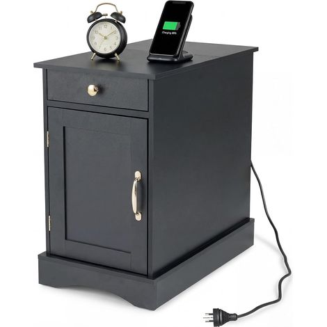 COSTWAY Tavolino da Salotto con Stazione di Ricarica, Cassetto, Armadietto e Ripiano Regolabile, Tavolino in Legno per Soggiorno, Camera da Letto e Spazi Piccoli (Nero) (1/5)