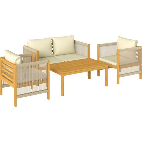 Set 4 Pezzi Salotto da Giardino con Divano 2 Poltrone con Cuscini e Tavolino in Legno di Acacia (1/5)