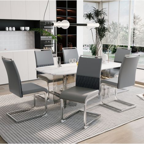 Sillas de comedor juego de 6, respaldo alto en piel PU y lino, gris DESVIAE (1/5)